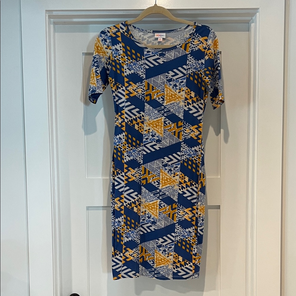 LuLaRoe Blue and Yellow Geometric Midi Dress
